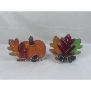 Vtg Tiffany style Stained glass votive candle holder Autumn Oak Pumpkin Fall